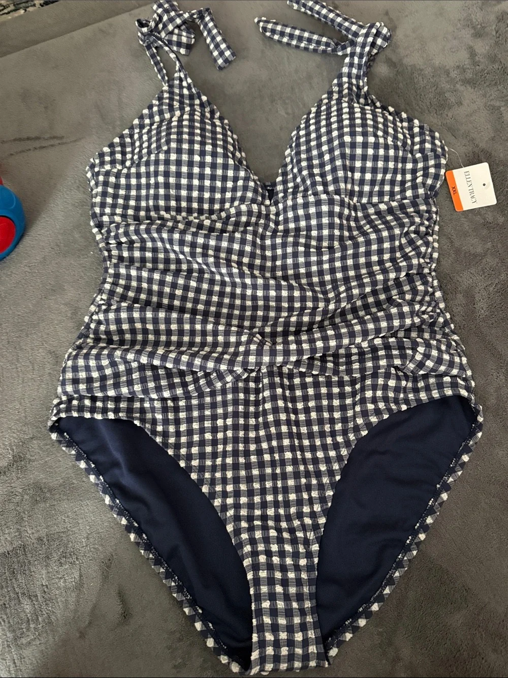 Ellen Tracy xxl Gingham Tie-Shoulder One-Piece Swimsuit - Navy